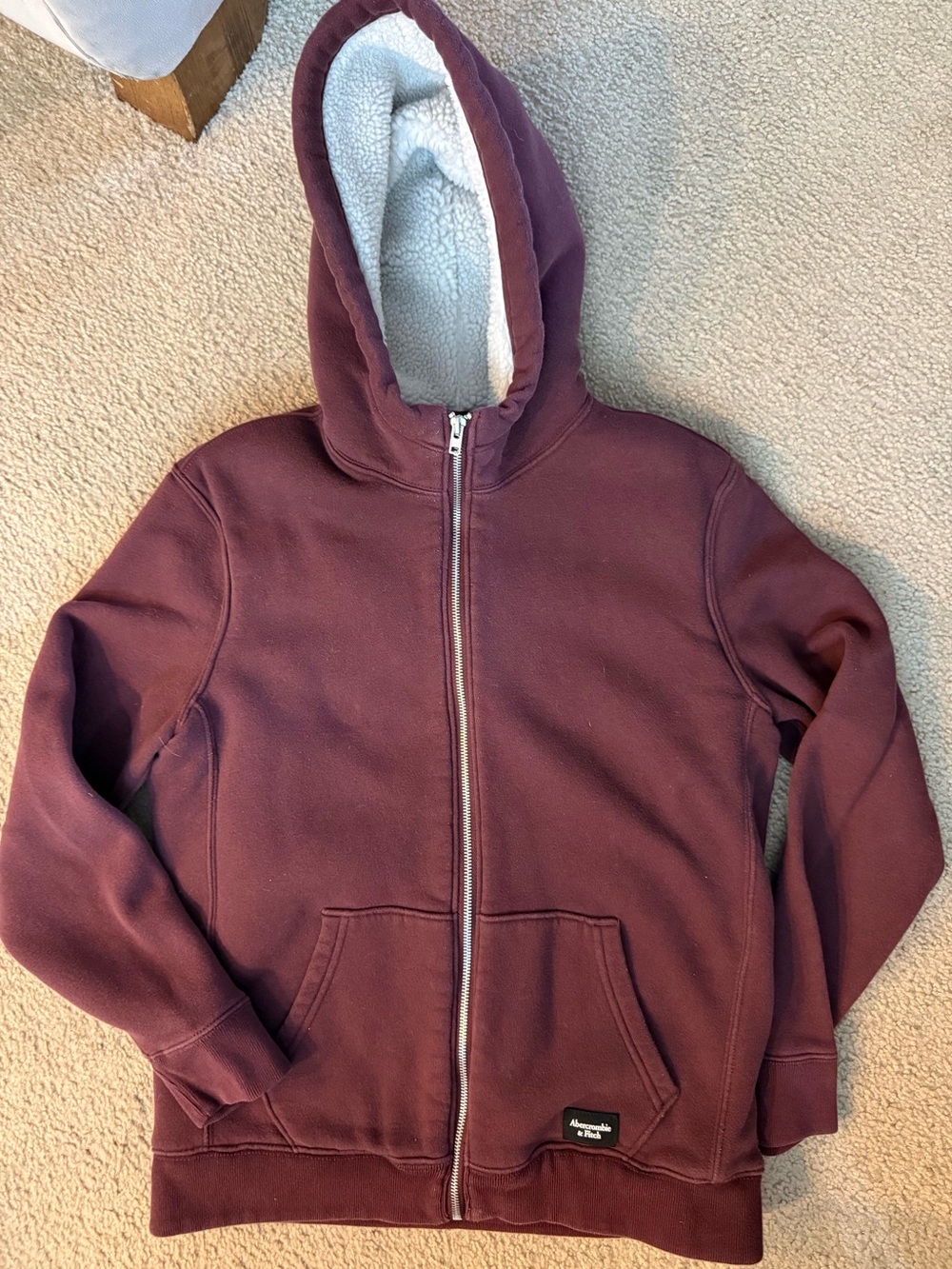 Abercrombie & Fitch Maroon Zip-Up Hooded Sherpa Lined Sweatshirt